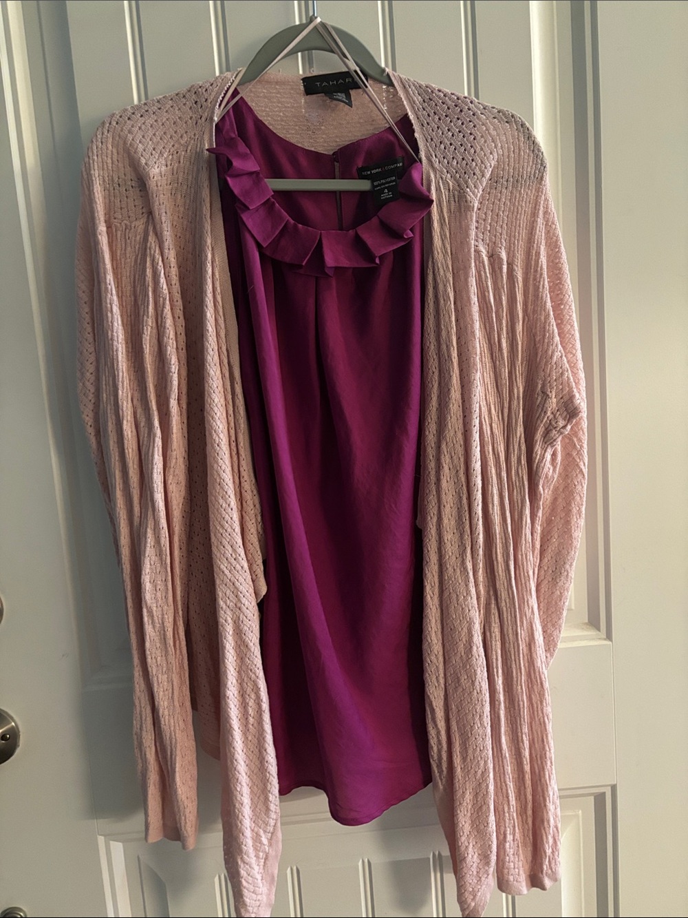 Tahari Pink Open-Front Knit Cardigan with Fuchsia Shell Top